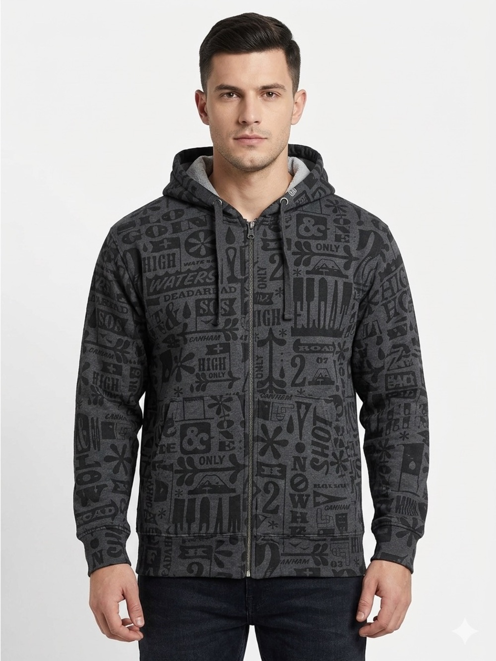 Etnies Vintage Y2K All Over Print Full Zip Hoodie Gray Black Skate Grunge
